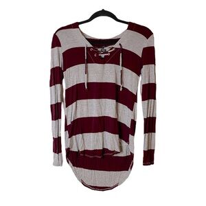 ✨3/$25 Rue 21 Burgundy Grey Striped Lace Up High Low Hem Long Sleeve Top Size M
